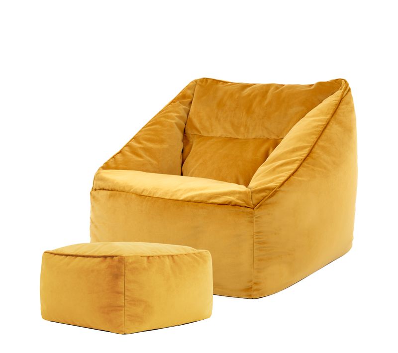 Pouf Fauteuil Natalia Avec Repose-pied Carré Velours Jaune Ocre, 88 X 100cm