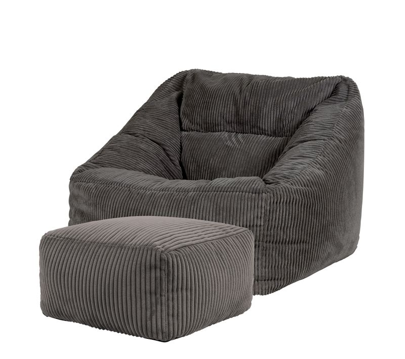 Pouf Fauteuil Poire Natalia Avec Repose-pied Carré Velours Côtelé Gris Anthracite 97x84x73cm