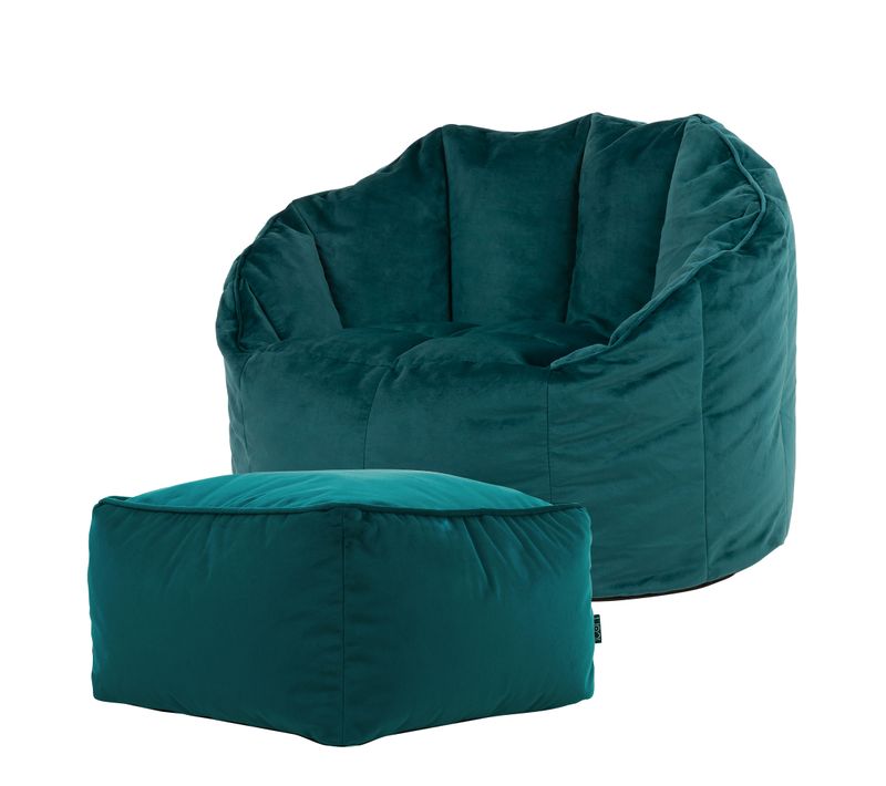 Pouf Fauteuil Sirena Avec Repose-pied Velours Bleu Canard, Salon, 77 X 74cm