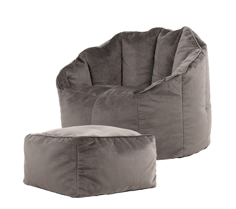 Pouf Fauteuil Sirena Avec Repose-pied Velours Gris Anthracite, Salon, 77 X 74cm