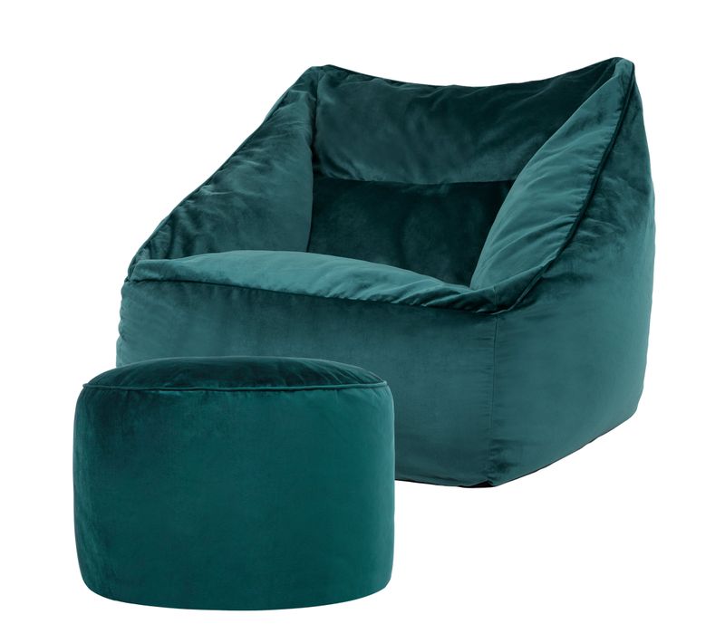 Pouf Fauteuil Natalia Avec Repose-pied Rond Icon Velours Bleu Canard 100 X 88cm