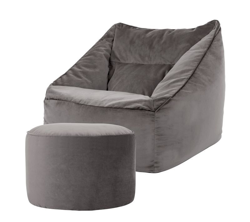 Pouf Fauteuil Natalia Avec Repose-pied Rond Icon Velours Gris Anthracite 100 X 88cm