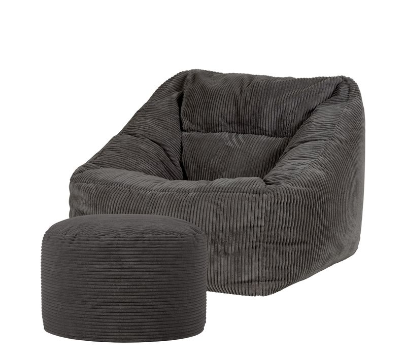 Pouf Fauteuil Morgan Et Repose-pied Rond Velours Côtelé Gris Anthracite 100 X 88cm