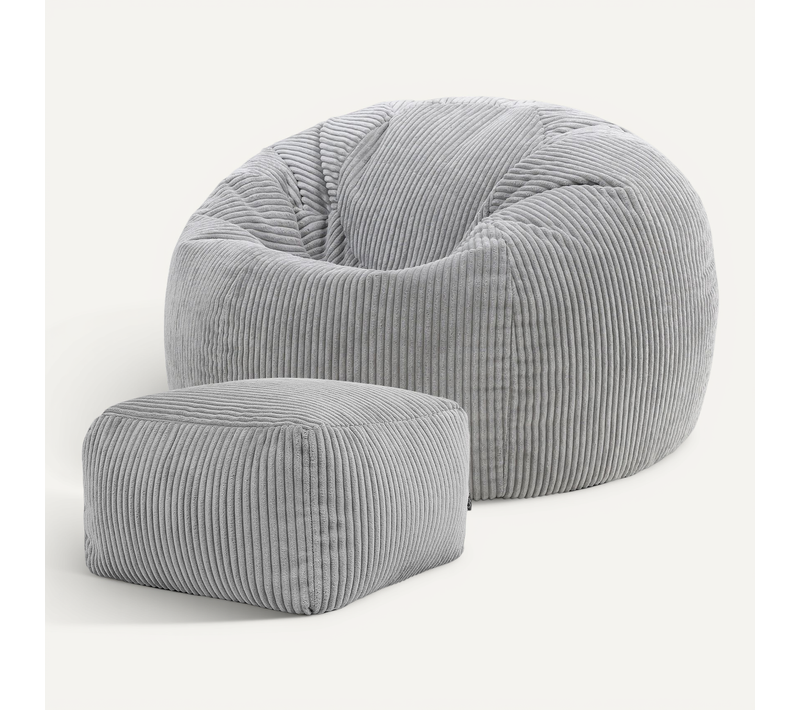 Pouf Kingston Avec Repose-pied Icon, Salon, Chambre Velours Côtelé Gris Aube, 85 X 85cm