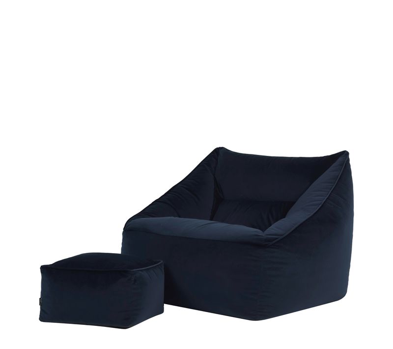 Pouf Fauteuil Natalia Avec Repose-pied Carré Velours Bleu Minuit, 88 X 100cm