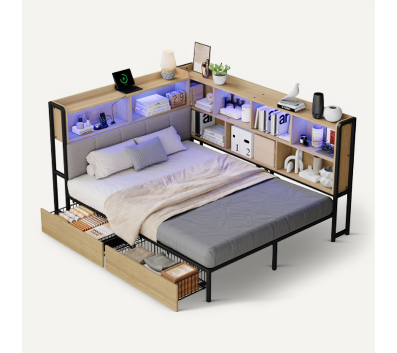 Lit Enfant 140*200cm-lit Capitonnée En Lin-led-charge-rangements-capacité 300 Kg-bois