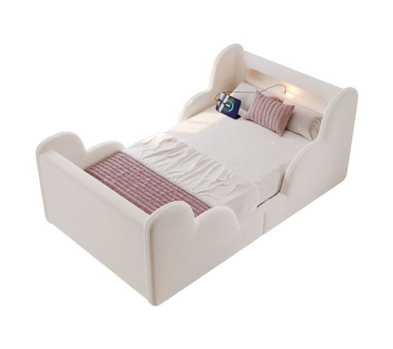 Lit Enfant 90x200 Cm-lit Rembourré USB-avec Barrière De Sécurité-en Velours-beige