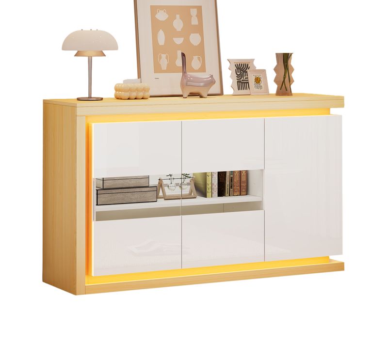 Buffet LED Avec 3 Portes Et 4 Compartiments, Verre Trempé, Blanc