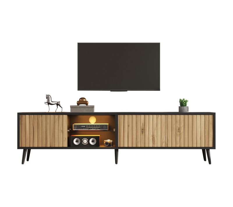 Meuble TV 175 Cm Avec LED, 3 Portes, Rangement, Bois
