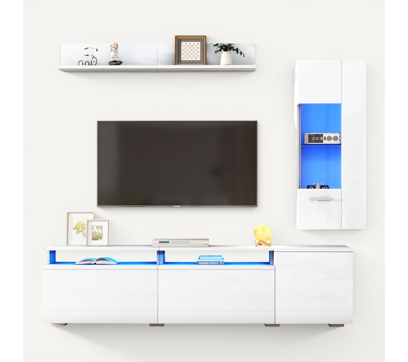 Ensemble Meuble TV Avec LED + Vitrine + étagèr, Blanc
