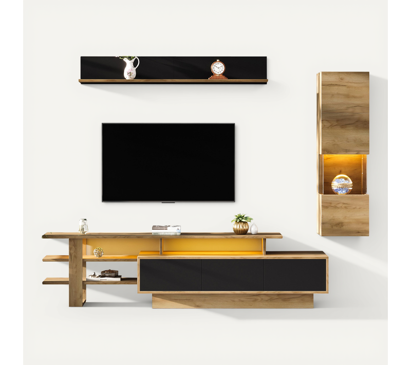 Ensemble TV Avec LED, Vitrine Et étagère, Bois