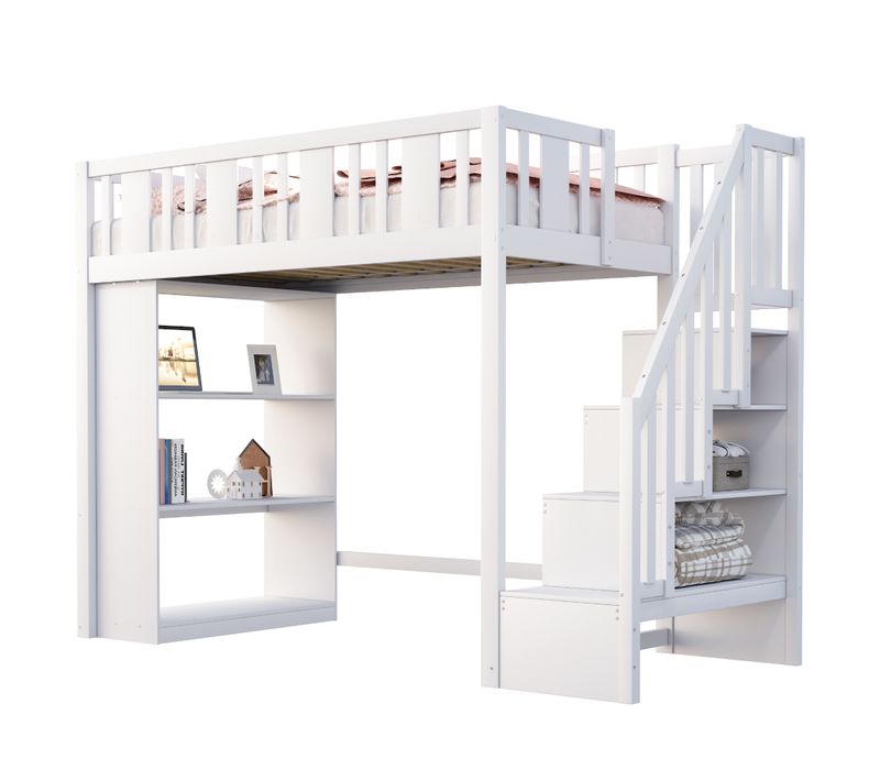 Lit Enfant 90x200 Cm Avec Escalier Rangement En Bois Massif, Blanc