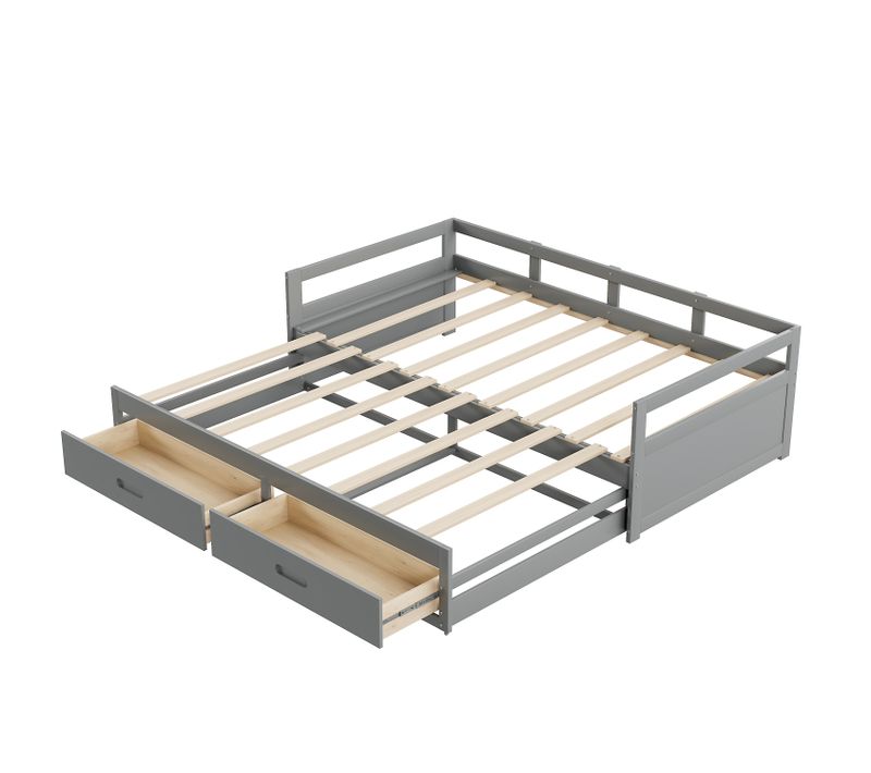 Lit Gigogne Extensible 90/180x200 Cm Avec Tiroirs Et Rangement, Gris