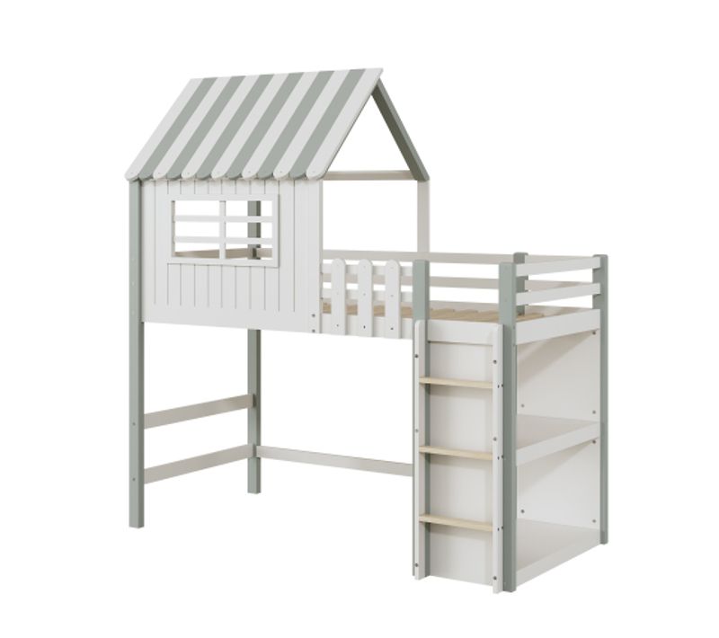 Lit Cabane Mezzanine 90x200 Cm Avec échelle Et Rangement, Vert