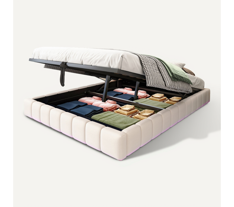 Lit Coffre 140x200 Cm Avec LED Et Structure Flottante, Tissu Linen, Beige