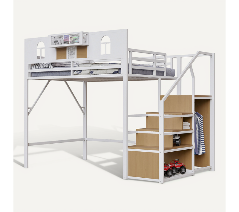 Lit Mezzanine 140x200 Cm Avec Escalier De Rangement Et étagères, Blanc