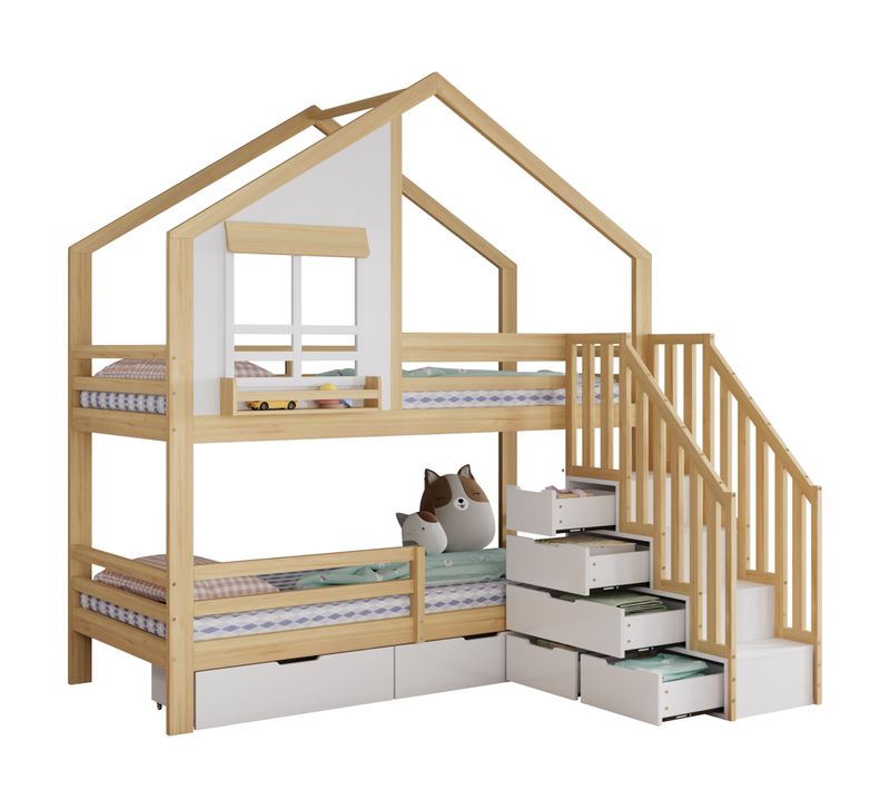 Lit Superposé 90x200 Cm Avec Fenêtres, Escalier Sécurisé Et 7 Tiroirs, Blanc Bois