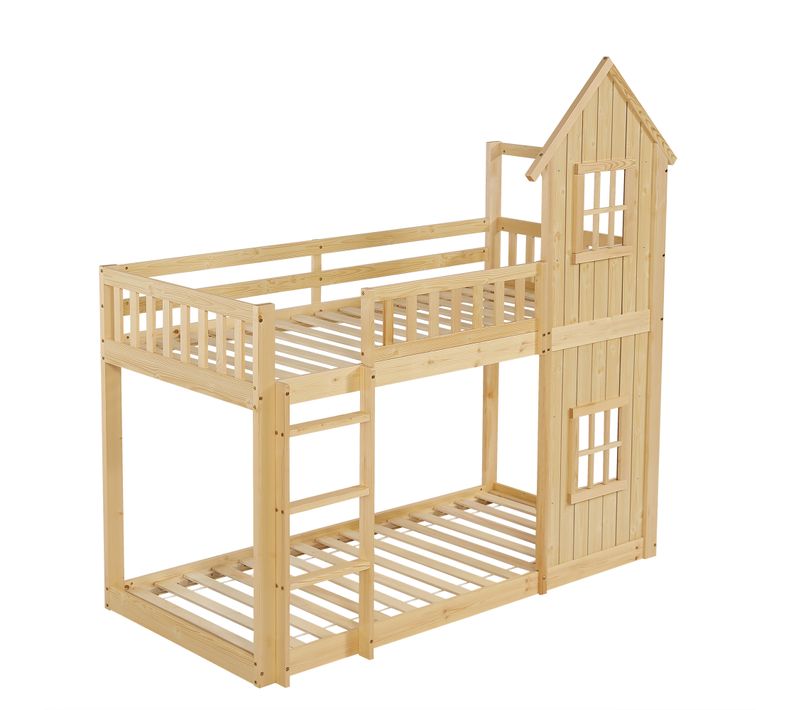 Lit Superposé Enfant 90x200 Cm Cabane Avec Escalier Et Fenêtres, Bois Naturel