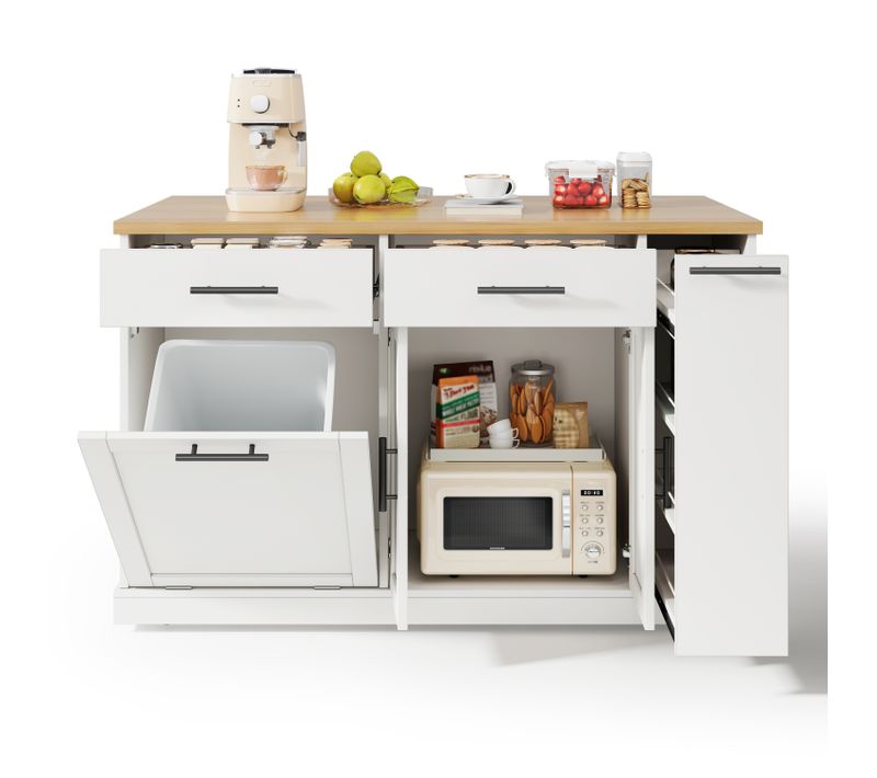 Ilot Central Cuisine Mobile Avec Plateau Rabattable, Rangement, Tiroirs Et Roulettes, Blanc