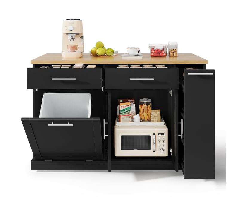 Ilot Central Cuisine Mobile Avec Plateau Rabattable, Rangement, Tiroirs Et Roulettes, Noir