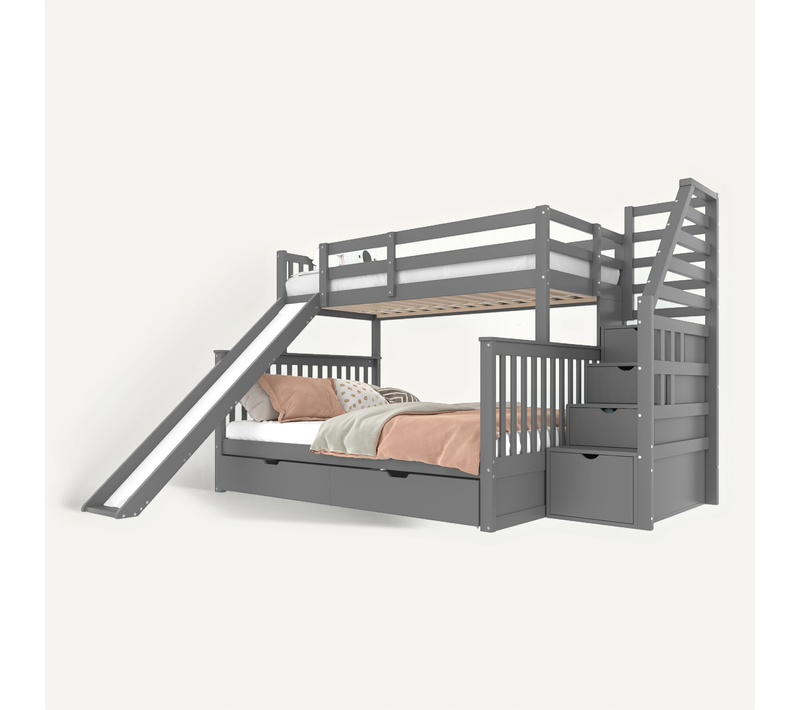 Lit Superposé Enfant 90x200 + 140x200 Avec Rangement, Tiroirs Et Rutsche, Gris