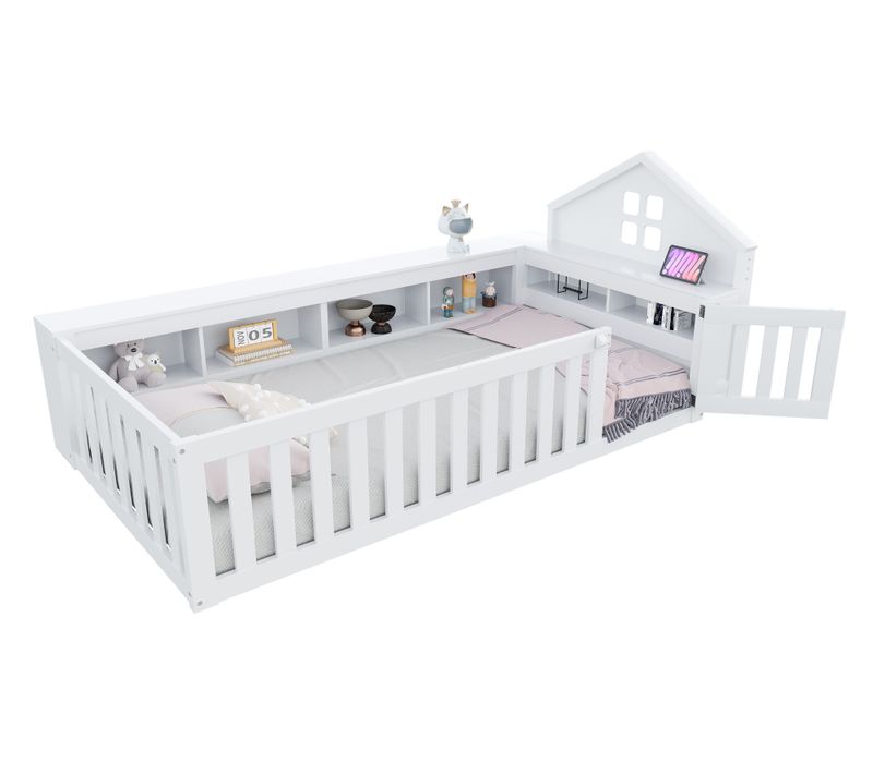 Lit Cabane 90x200 Cm Avec Rangement, Fenêtre, Barrière Et Porte, Blanc