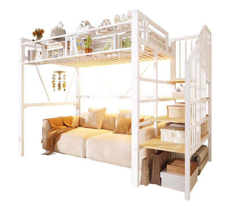 Lit Mezzanine 90x200 Cm Avec LED, Escalier Rangement Et Structure Métal, Blanc