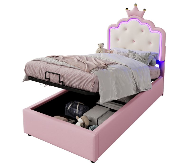 Lit Enfant 90x200 Cm Avec LED, Coffre Hydraulique Et Tête Couronne, Pu, Rose