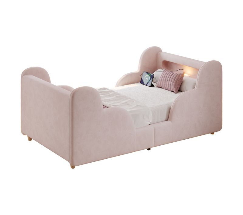 Lit Enfant 90x200 Cm Avec Veilleuse, USB Et Barre De Protection, Velours Rose