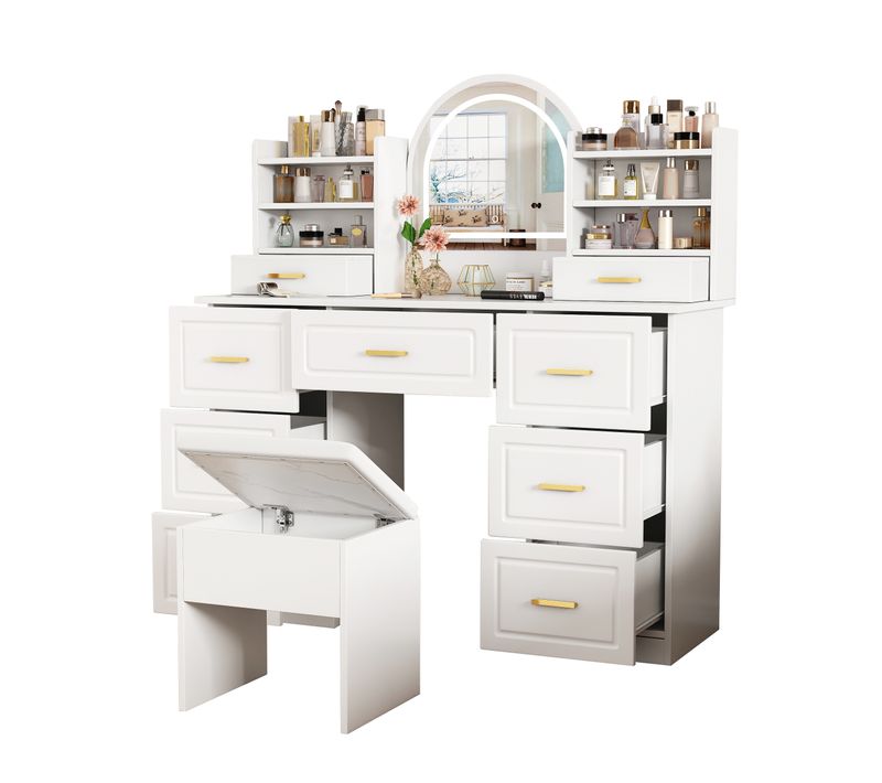Coiffeuse Avec LED Et 9 Tiroirs, Miroir Lumineux, 120x40x135 Cm, Blanc