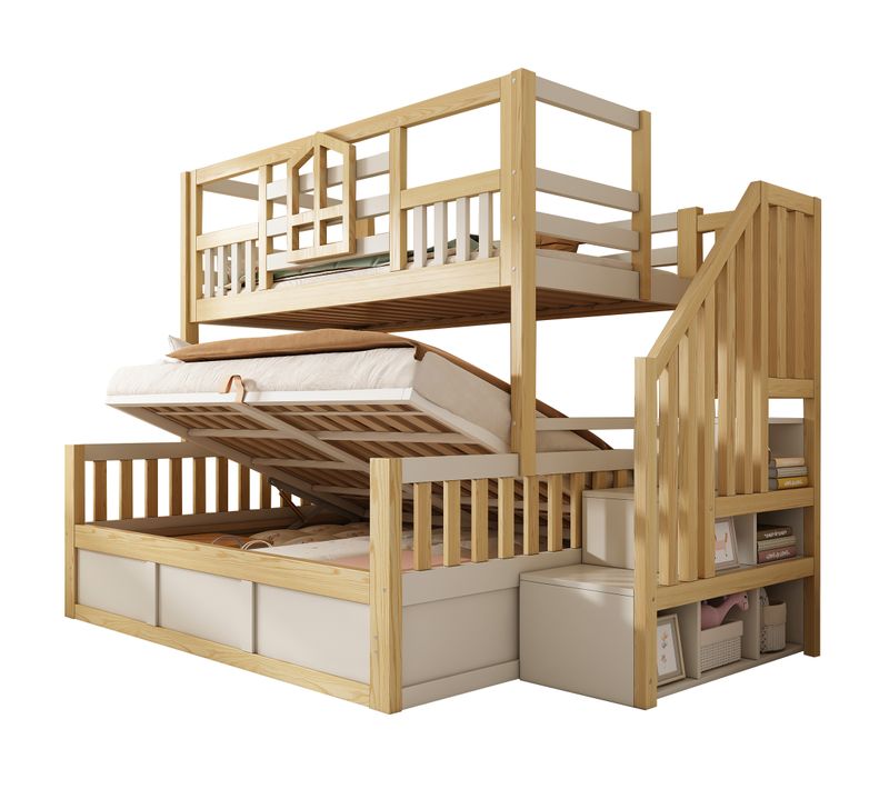 Lit Superposé 90/140x200 Cm Avec Escalier Et Rangement, Style Cabane, Blanc Et Bois