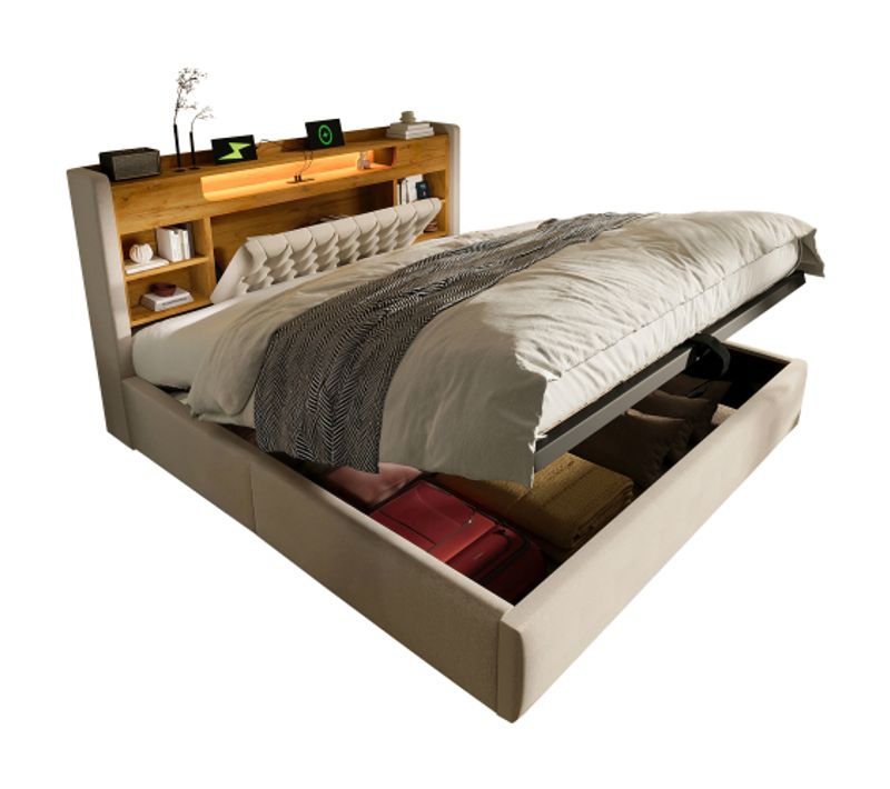 Lit Coffre 160x200 Cm Avec LED, USB, Type-c, Rangement Et Sommier, Beige
