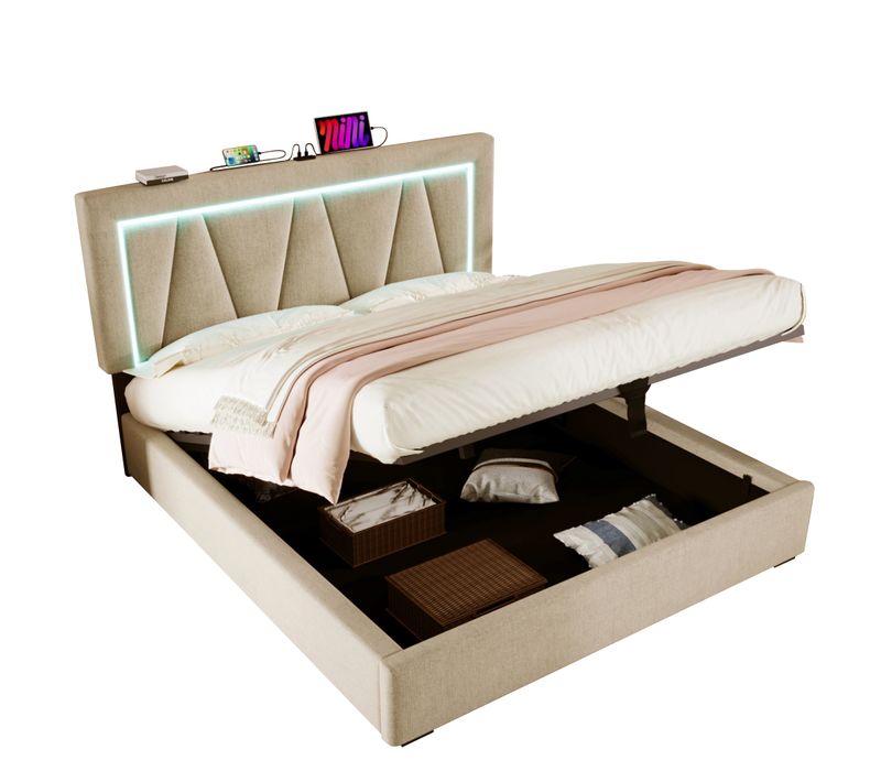 Lit Coffre 160x200 Cm Avec LED USB-c Et Sommier à Lattes, Lin Beige