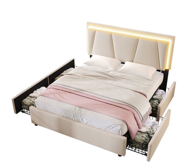 Lit 160x200 Cm Avec LED, 4 Tiroirs Et Tête De Lit Réglable, Beige