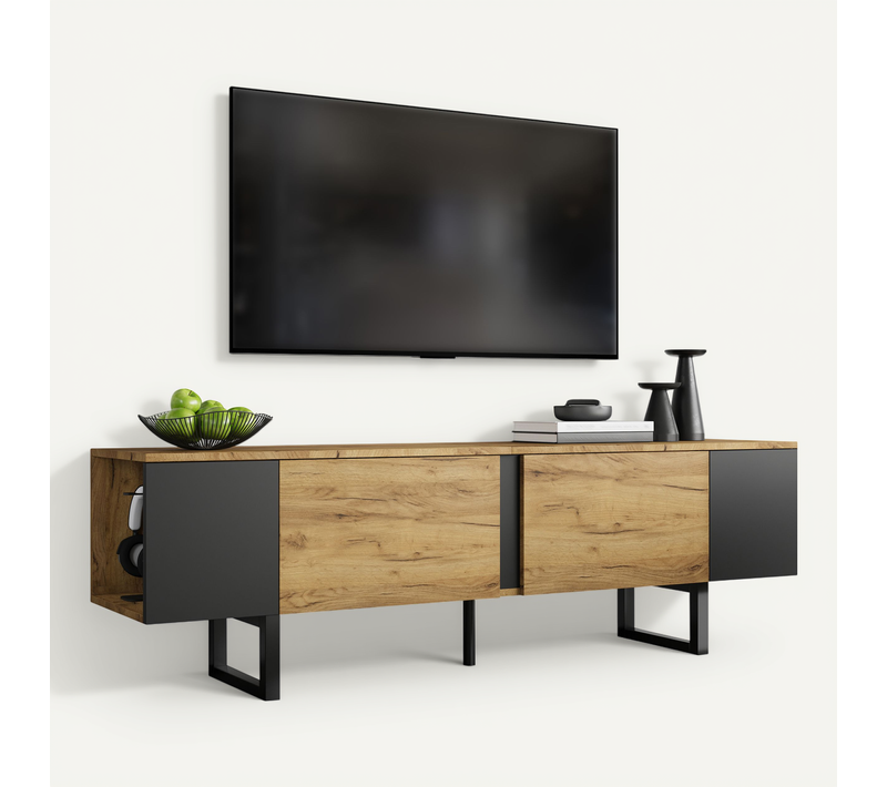Meuble TV L.180 Cm Bois Naturel + Noir, Avec 2 Portes + 2 Niches, Pour écran Jusqu'à 75 Pouces