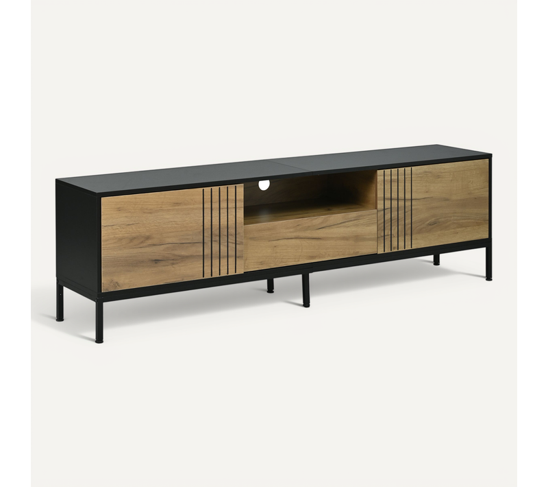 Meuble TV L.170 Cm Bois Naturel + Noir, 2 Portes + 1 Tiroir, Pour écran Jusqu'à 70 Pouces