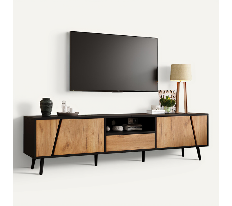 Meuble TV L.180 Cm Bois + Noir, 1 Tiroir + 2 Portes, Pour écran Jusqu’à 75 Pouces