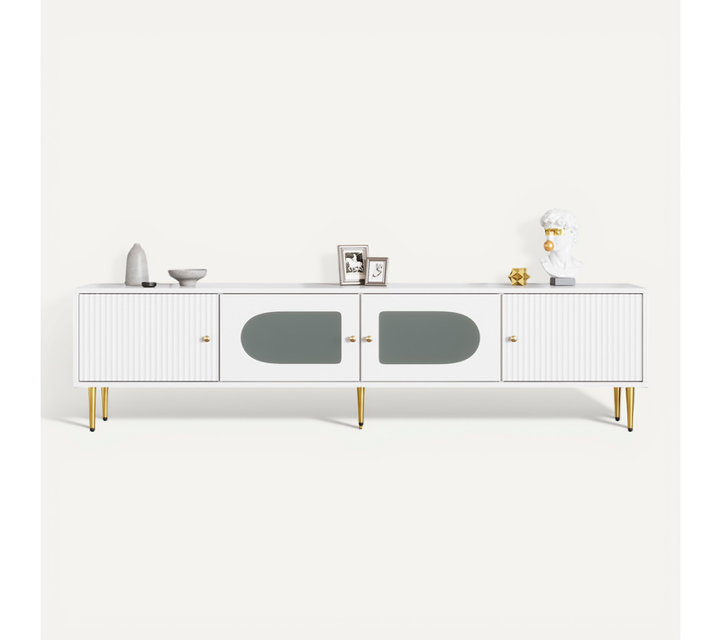 Meuble TV L.170 Cm Blanc, 4 Portes Dont 2 Vitrées, Pieds Métal, Pour écran Jusqu’à 70 Pouces