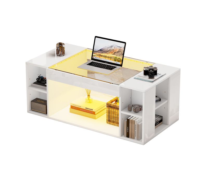 Table Basse 100 Cm Blanc Haute Brillance, Rectangle, Guirlande LED, étagère Réglable, Pour Salon
