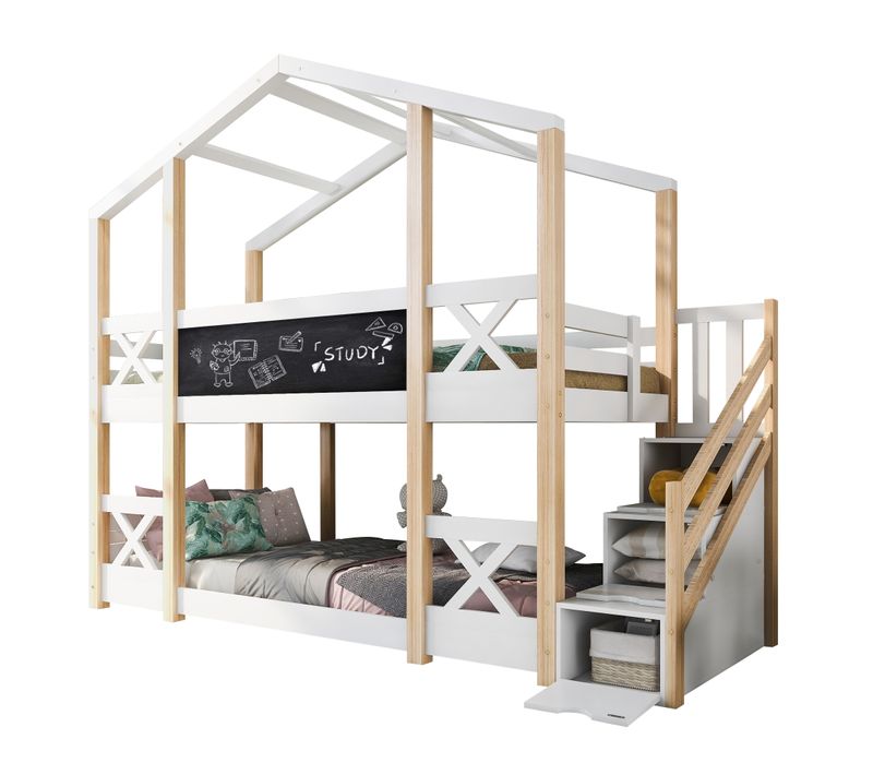 Lit Superposé Cabane Avec 3 Espaces De Rangement Et Tableau Blanc 90 X 200 Cm