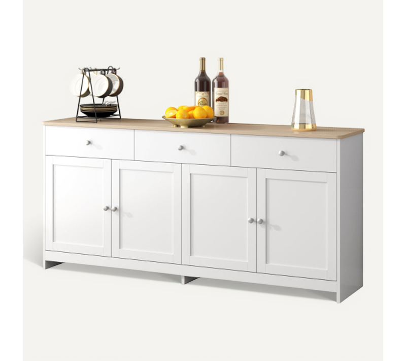 Buffet Bas Blanc Imitation Chêne Avec 3 Tiroirs Et 4 Portes - Meuble De Rangement