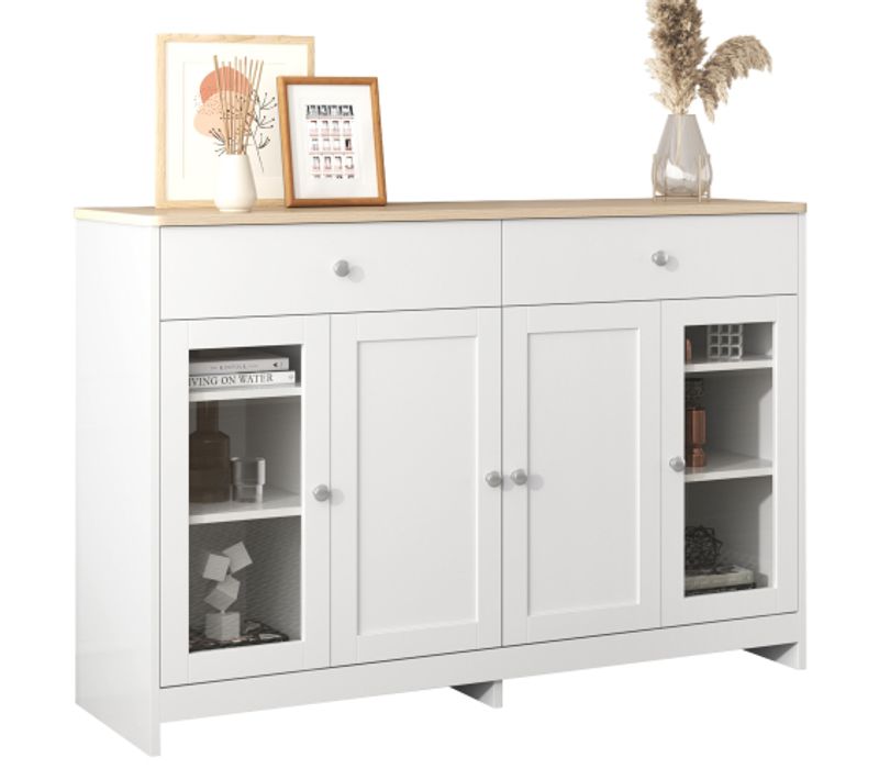 Buffet Bas Avec 2 Tiroirs Et 4 Portes En Blanc Et Imitation Chêne  - Meuble De Rangement