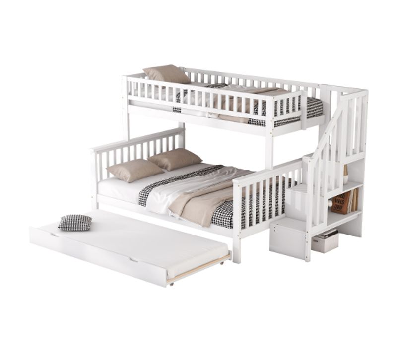 Lit Superposé Gigogne  2 X 90 X 200 Cm + 140 X 200 Cm Avec Escalier Blanc