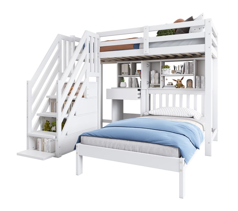 Lit Superposé Gigogne 2 X 90 X 200 Cm Avec Bureau, Escalier Et Étagère Blanc