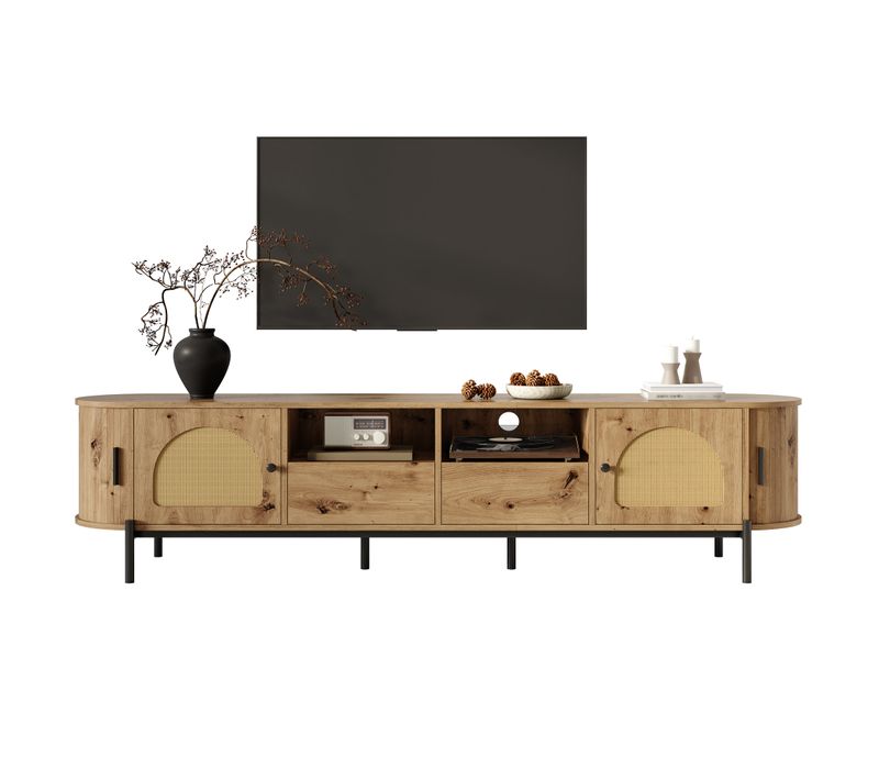 Meuble TV Avec 2 Portes Coulissantes Et 2 Tiroirs, Ovale Rattan, Bois