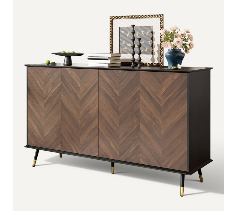 Buffet Vitrine Avec 4 Portes Et 2 étagères Ajustables, Brun Noir