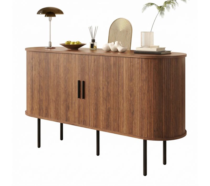 Buffet Vitrine Avec 2 Portes Rouleau, Bois-foncé