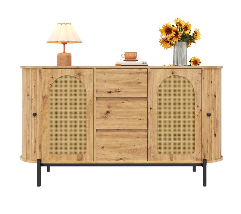 Buffet Vitrine 2 Portes Coulissantes Et 3 Tiroirs, Ovale Rattan, Bois