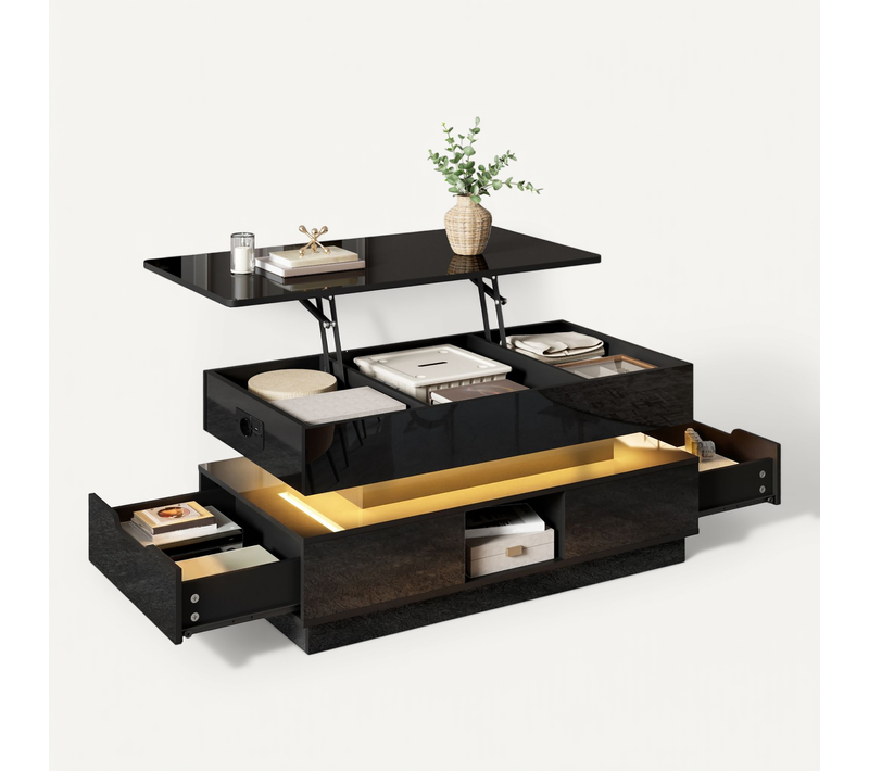 Table Basse Relevable Avec LED, Rangement Et Prise électrique, Noir
