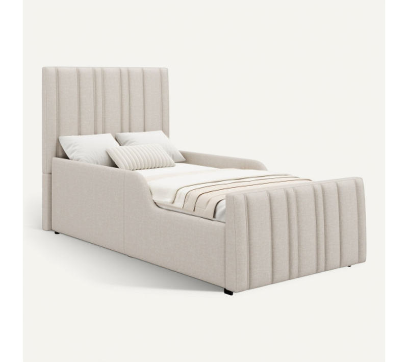 Lit Rembourré Enfant 90x200 Coffre Hydraulique, Tissu Lin, Beige